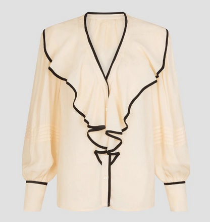 New Women's V-neck Retro Loose-fit Contrast-color Pleated Blouse
