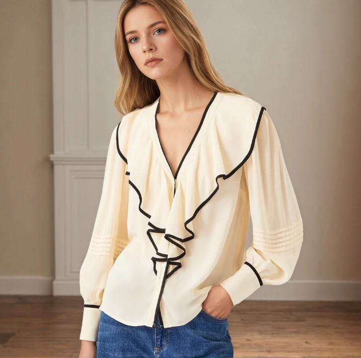 New Women's V-neck Retro Loose-fit Contrast-color Pleated Blouse