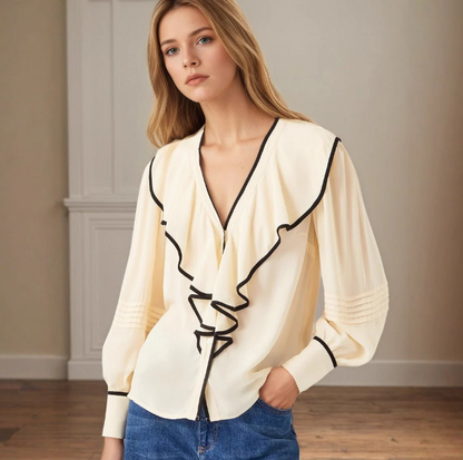 New Women's V-neck Retro Loose-fit Contrast-color Pleated Blouse